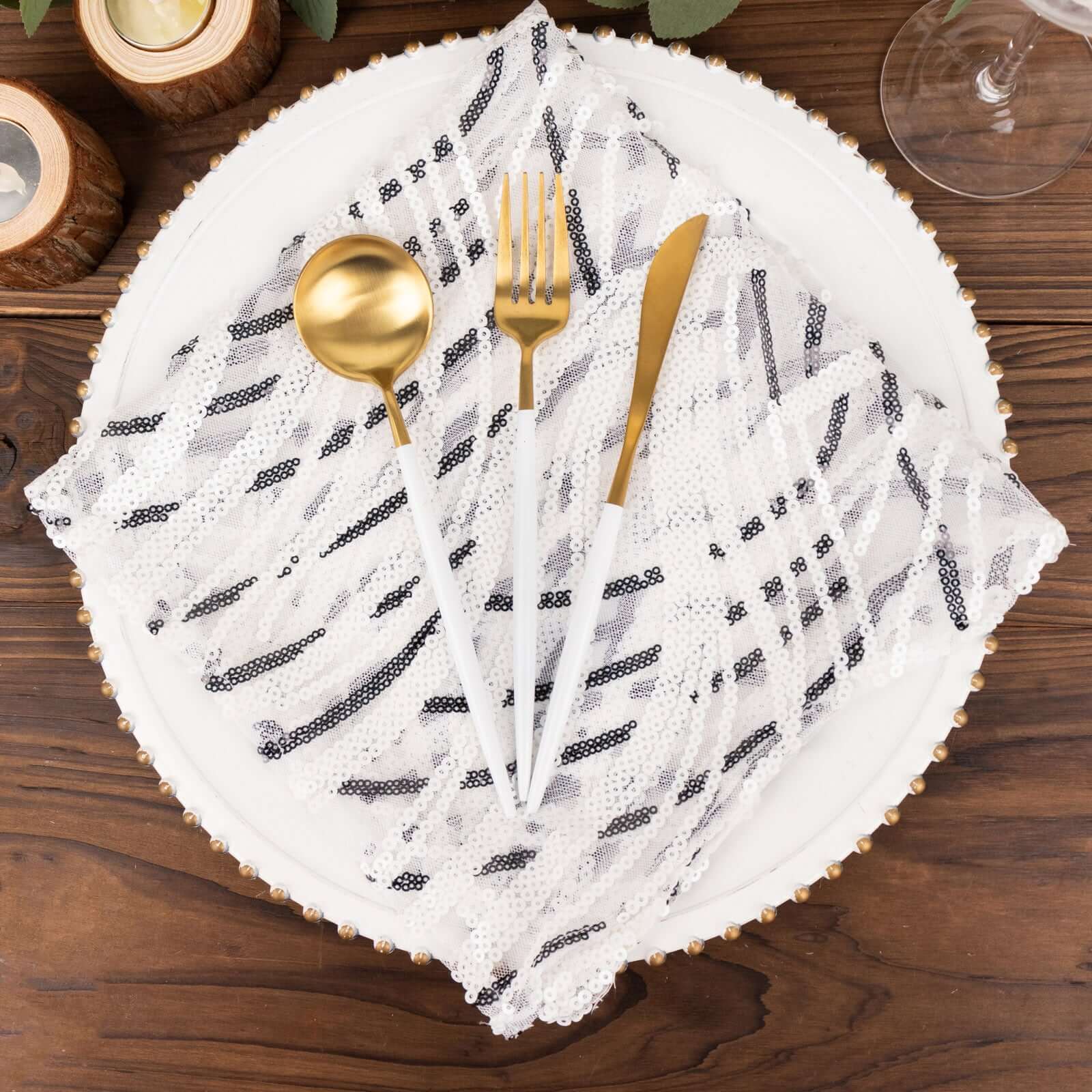 Sequin Mesh 20"x20" Napkin White Black - Wave Embroidered Reusable Napkin - Bell Racket Store