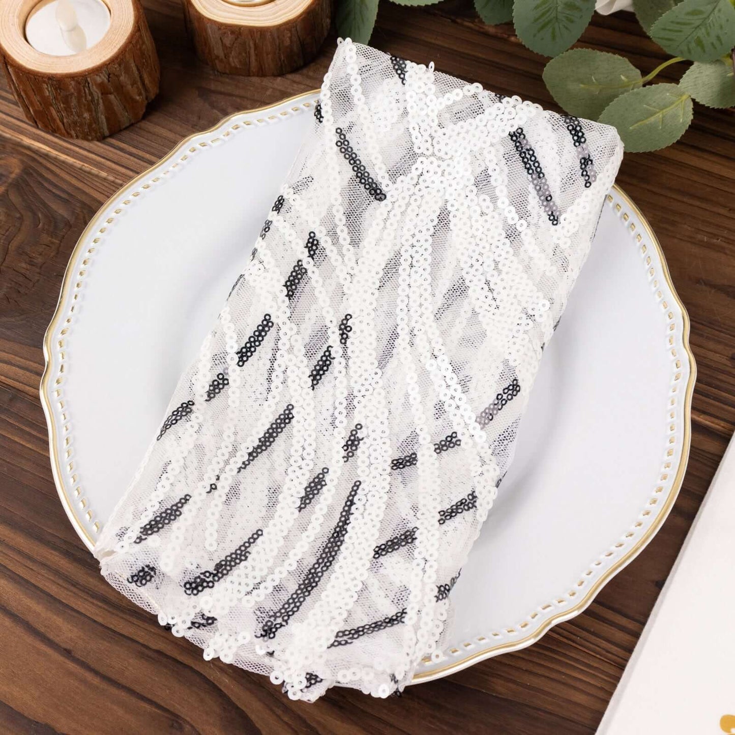 Sequin Mesh 20"x20" Napkin White Black - Wave Embroidered Reusable Napkin - Bell Racket Store
