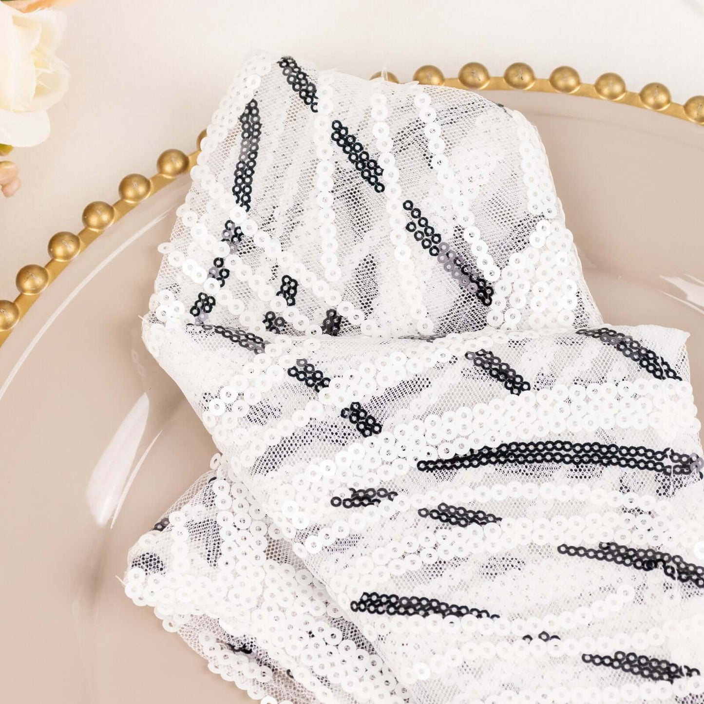Sequin Mesh 20"x20" Napkin White Black - Wave Embroidered Reusable Napkin - Bell Racket Store
