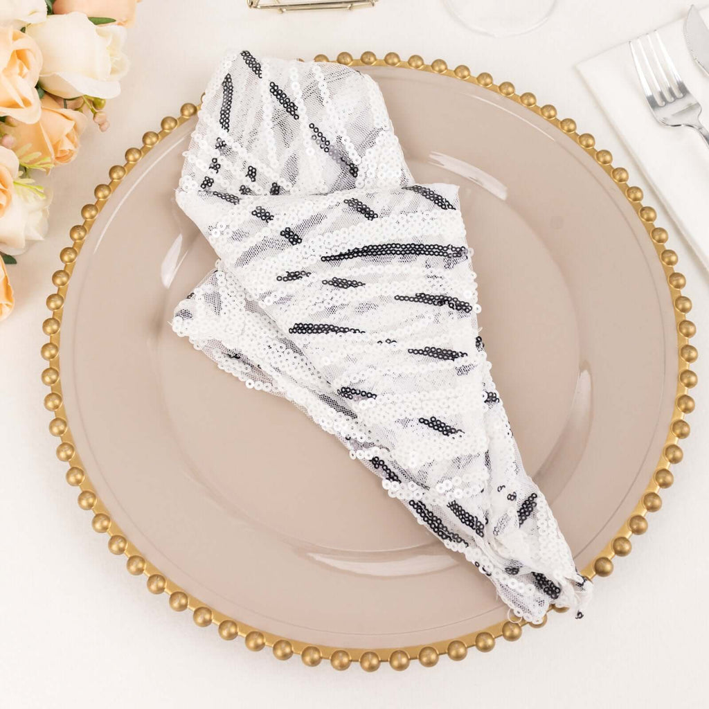 Sequin Mesh 20"x20" Napkin White Black - Wave Embroidered Reusable Napkin - Bell Racket Store