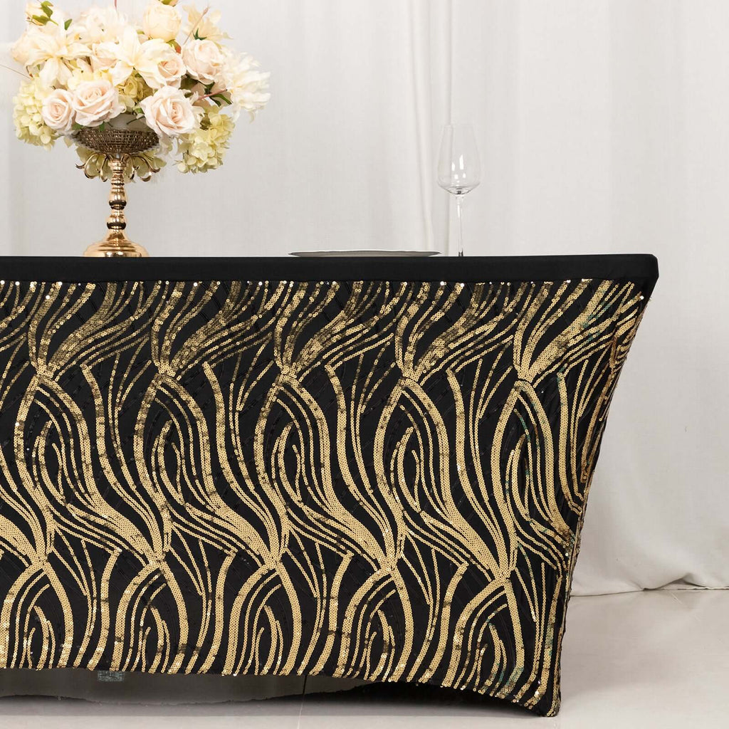 Sequin Stretch Spandex 72"x30" Rectangle Tablecloth Black/Gold Wave Embroidered Design Four - Way Stretch Shimmering Table Cover for Luxe Event Decor - Bell Racket Store