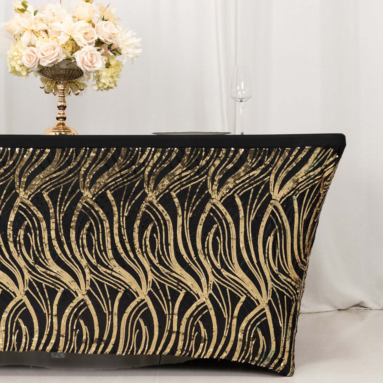 Sequin Stretch Spandex 72"x30" Rectangle Tablecloth Black/Gold Wave Embroidered Design Four - Way Stretch Shimmering Table Cover for Luxe Event Decor - Bell Racket Store