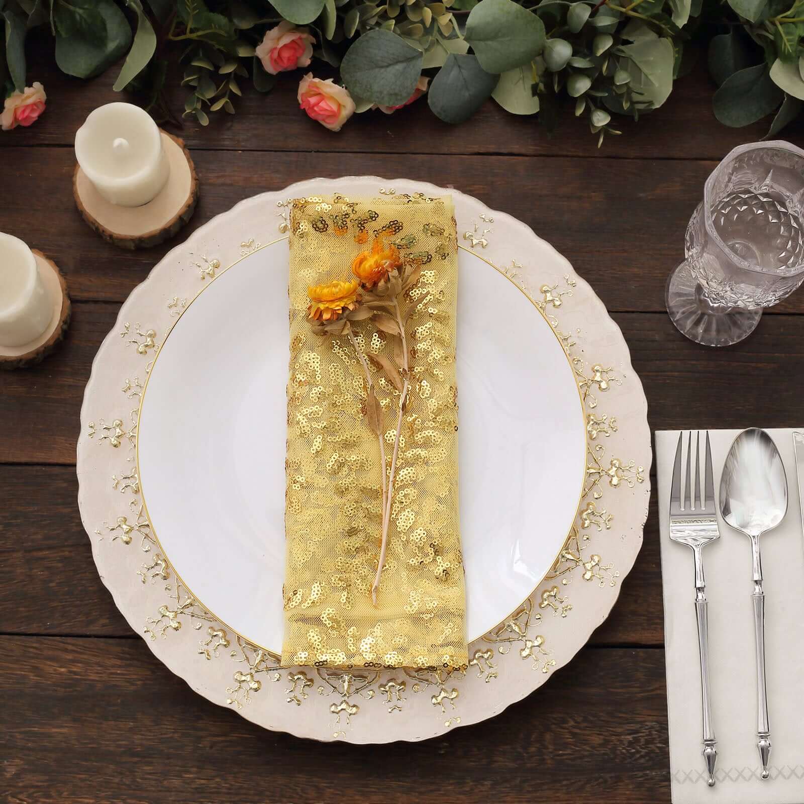 Sequin Tulle 20"x20" Napkin Gold Embroidered Leaf Vine Pattern - Shimmering Event Decor - Bell Racket Store