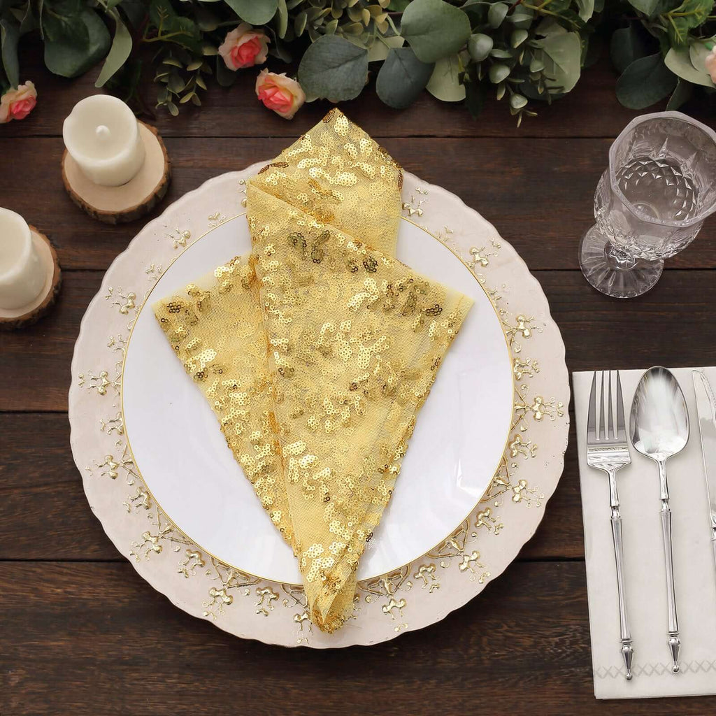 Sequin Tulle 20"x20" Napkin Gold Embroidered Leaf Vine Pattern - Shimmering Event Decor - Bell Racket Store