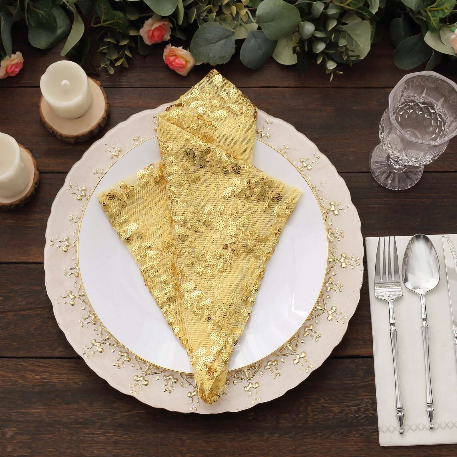 Sequin Tulle 20"x20" Napkin Gold Embroidered Leaf Vine Pattern - Shimmering Event Decor - Bell Racket Store