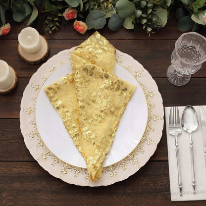 Sequin Tulle 20"x20" Napkin Gold Embroidered Leaf Vine Pattern - Shimmering Event Decor - Bell Racket Store