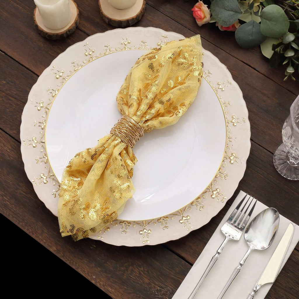 Sequin Tulle 20"x20" Napkin Gold Embroidered Leaf Vine Pattern - Shimmering Event Decor - Bell Racket Store