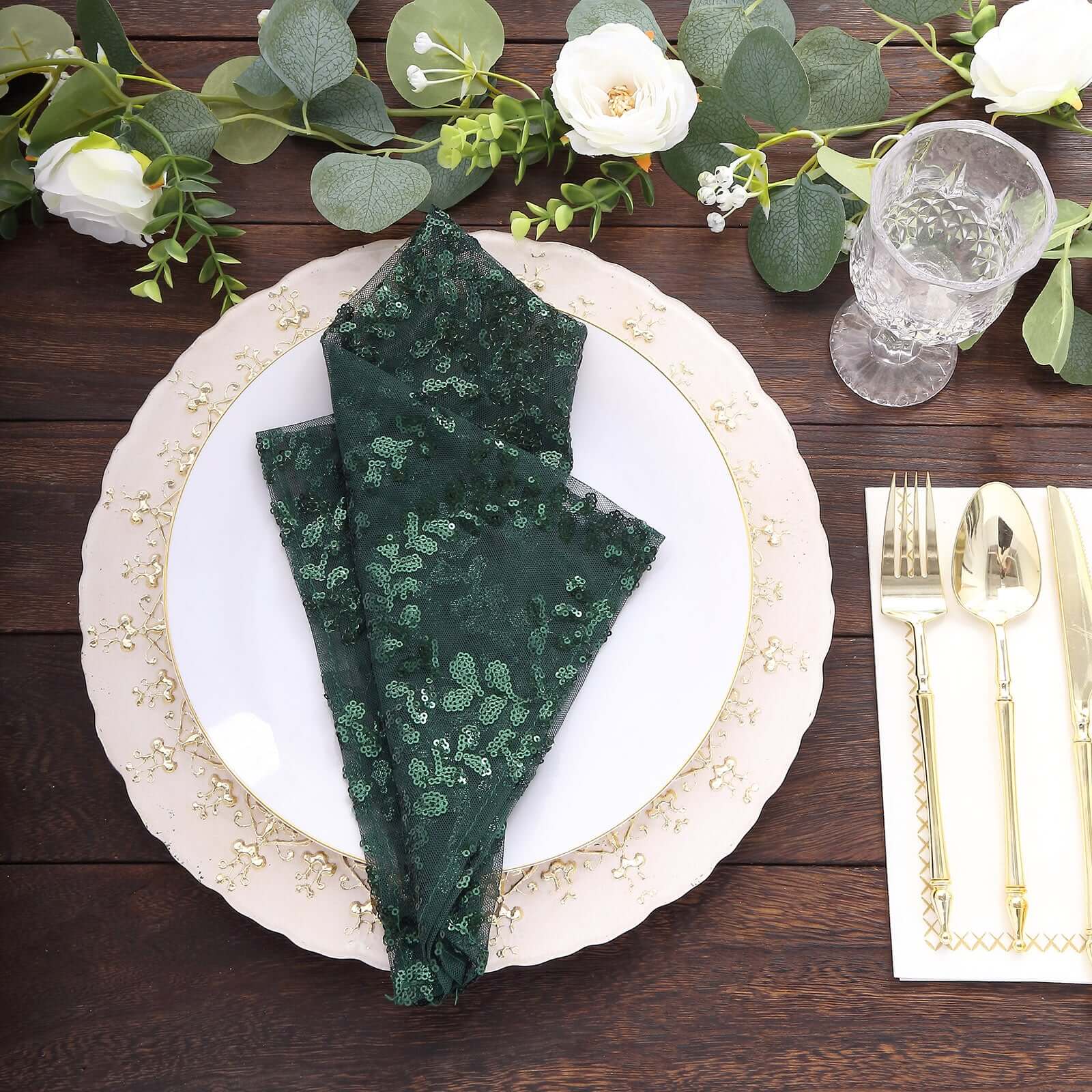 Sequin Tulle 20"x20" Napkin Hunter Emerald Green - Embroidered Leaf Vine Dinner Napkins - Bell Racket Store