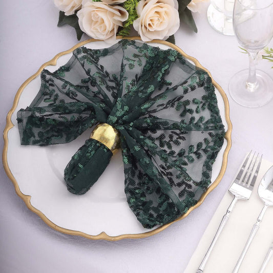 Sequin Tulle 20"x20" Napkin Hunter Emerald Green - Embroidered Leaf Vine Dinner Napkins - Bell Racket Store