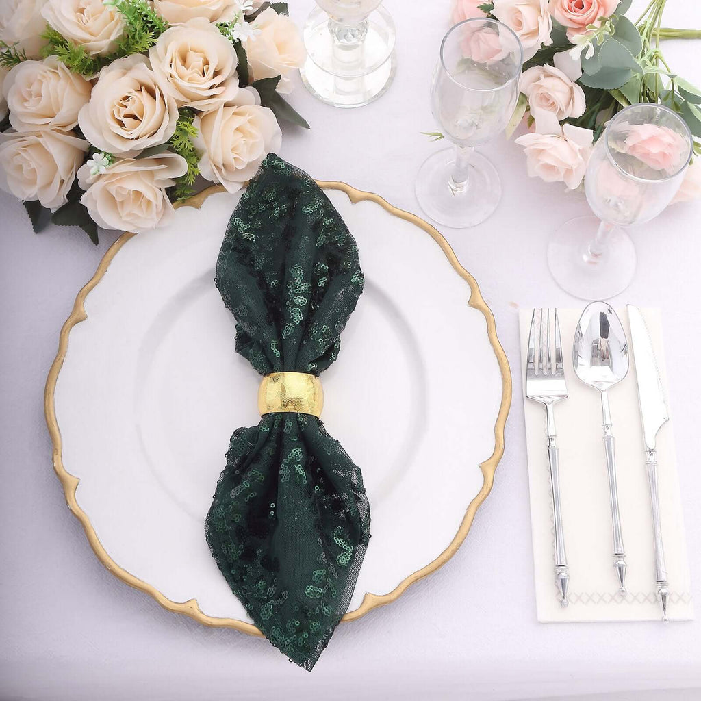 Sequin Tulle 20"x20" Napkin Hunter Emerald Green - Embroidered Leaf Vine Dinner Napkins - Bell Racket Store