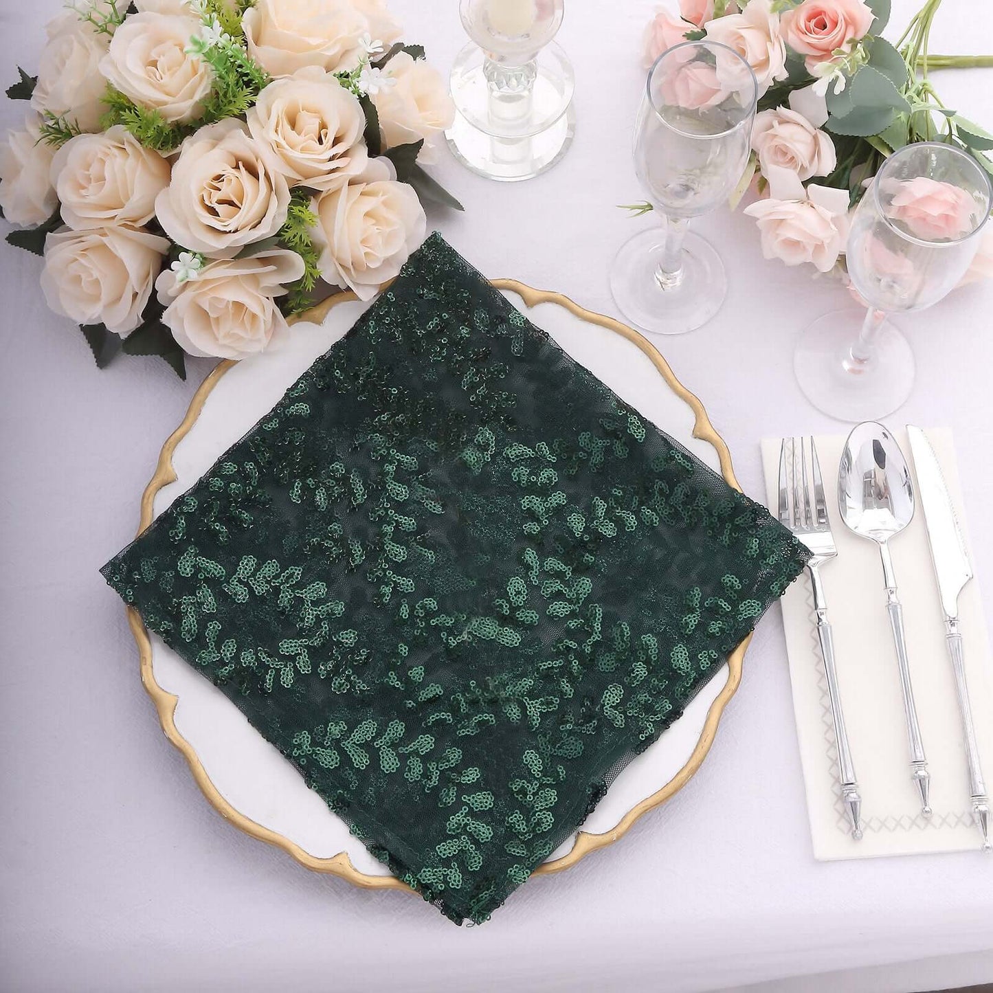 Sequin Tulle 20"x20" Napkin Hunter Emerald Green - Embroidered Leaf Vine Dinner Napkins - Bell Racket Store