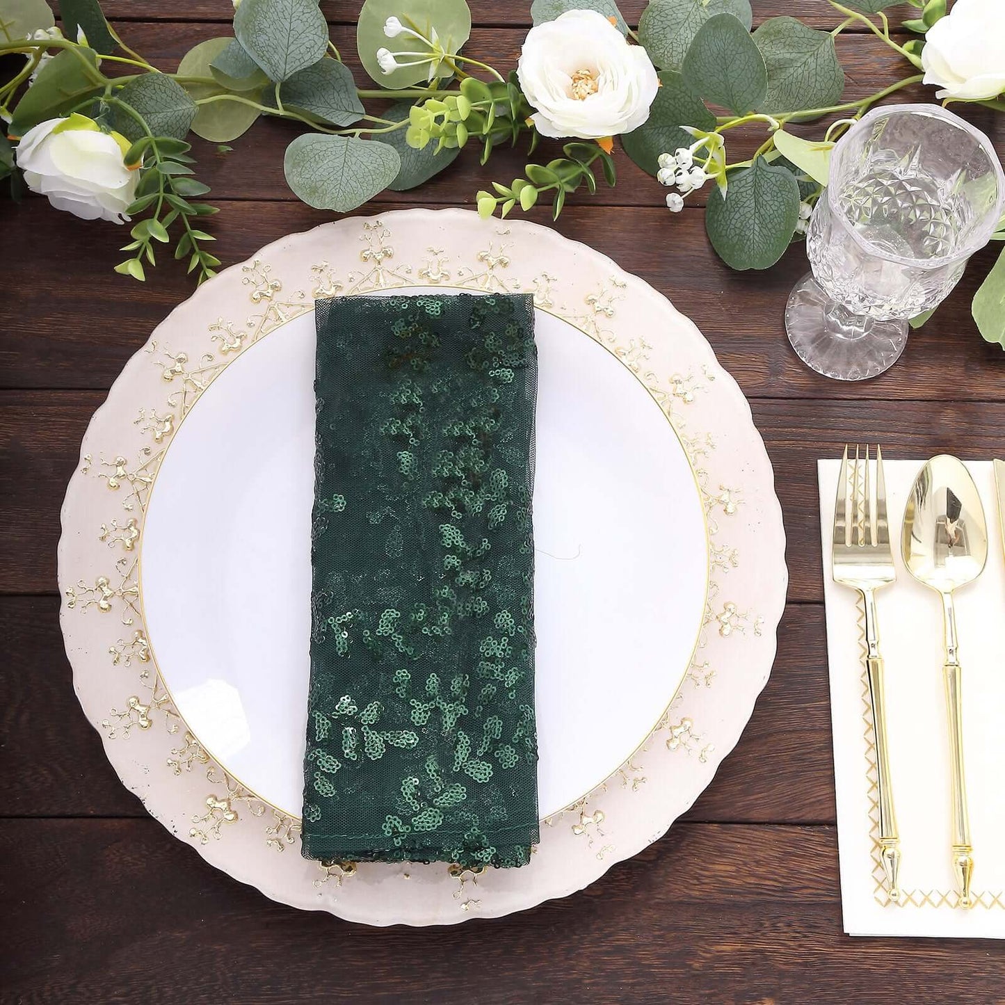 Sequin Tulle 20"x20" Napkin Hunter Emerald Green - Embroidered Leaf Vine Dinner Napkins - Bell Racket Store