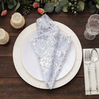 Sequin Tulle 20"x20" Napkin Silver - Embroidered Leaf Vine Dinner Napkins - Bell Racket Store
