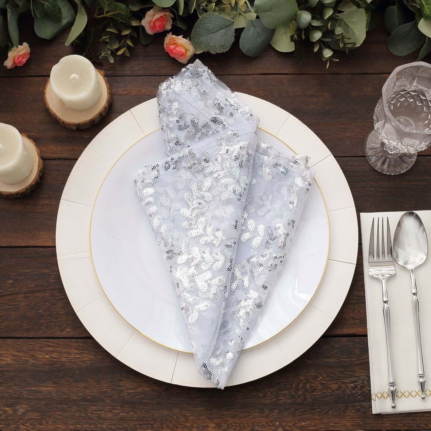 Sequin Tulle 20"x20" Napkin Silver - Embroidered Leaf Vine Dinner Napkins - Bell Racket Store