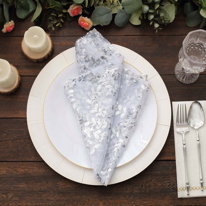 Sequin Tulle 20"x20" Napkin Silver - Embroidered Leaf Vine Dinner Napkins - Bell Racket Store