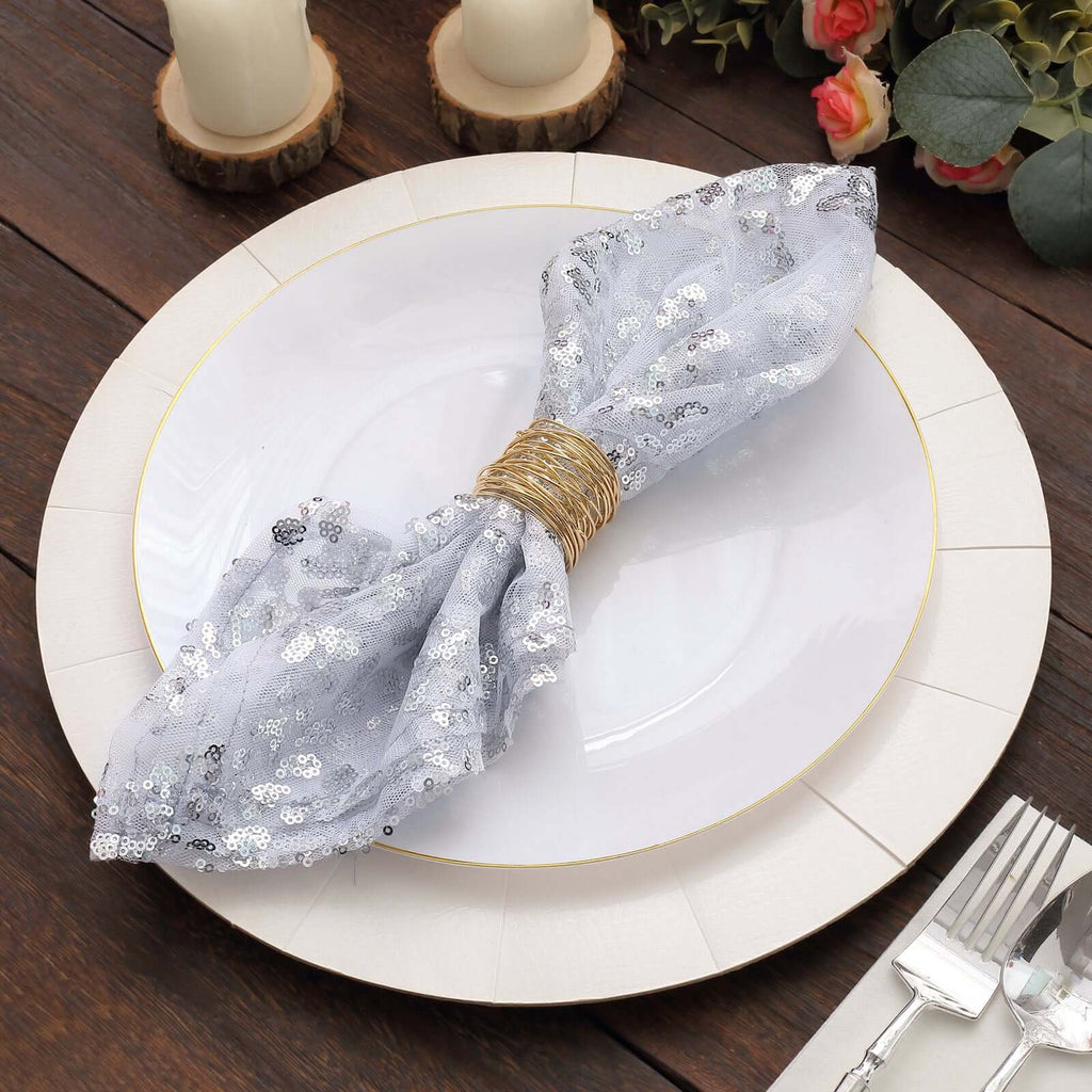 Sequin Tulle 20"x20" Napkin Silver - Embroidered Leaf Vine Dinner Napkins - Bell Racket Store