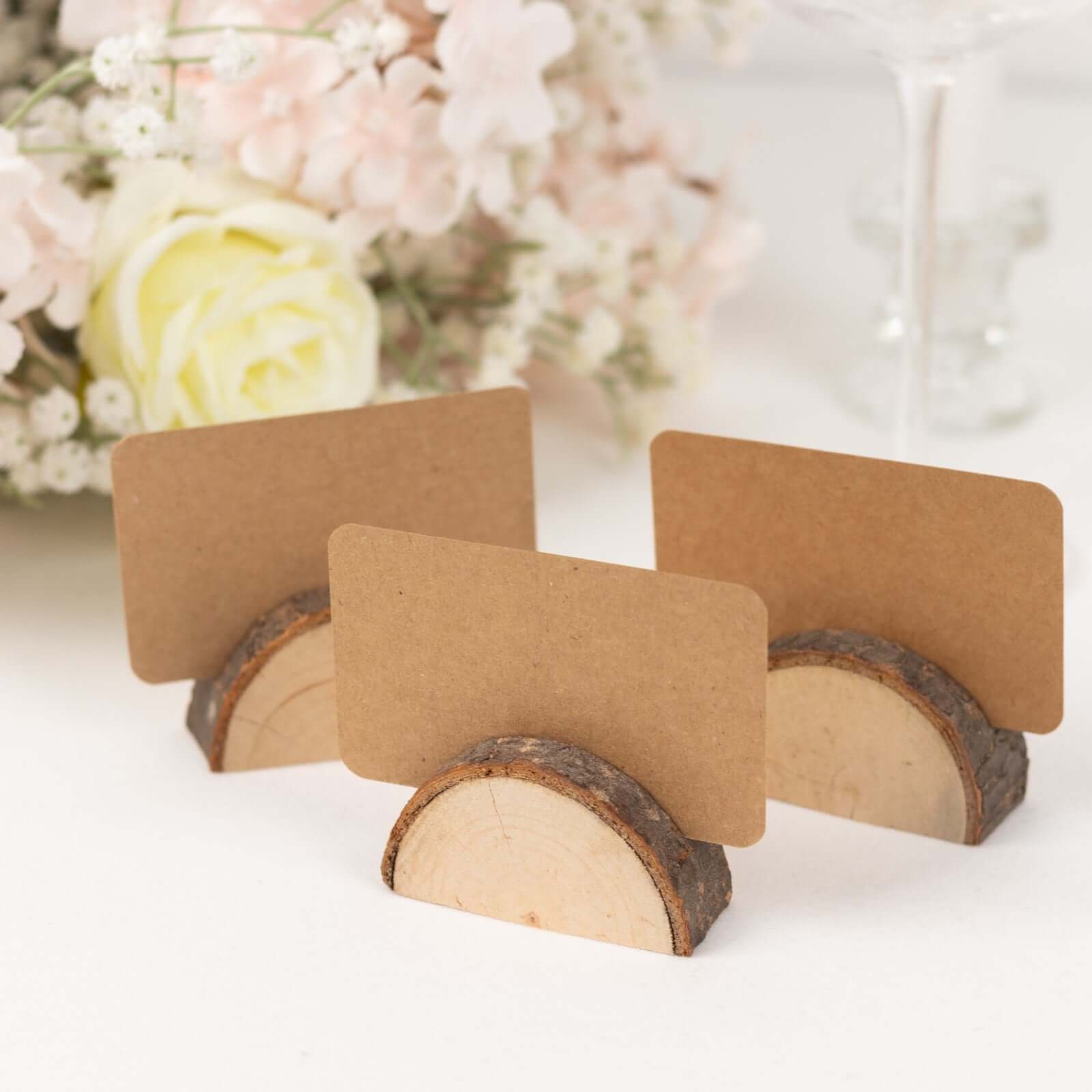 Set of 10 Wood Place Card Holders Rustic Semicircle Design Natural with Brown Paper - Wedding Table Number Display 2.5" - Bell Racket Store