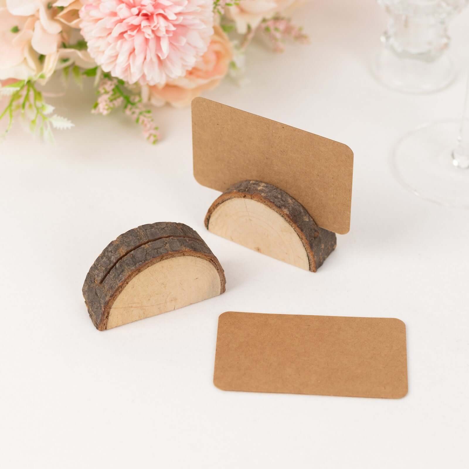 Set of 10 Wood Place Card Holders Rustic Semicircle Design Natural with Brown Paper - Wedding Table Number Display 2.5" - Bell Racket Store