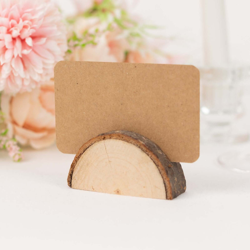 Set of 10 Wood Place Card Holders Rustic Semicircle Design Natural with Brown Paper - Wedding Table Number Display 2.5" - Bell Racket Store