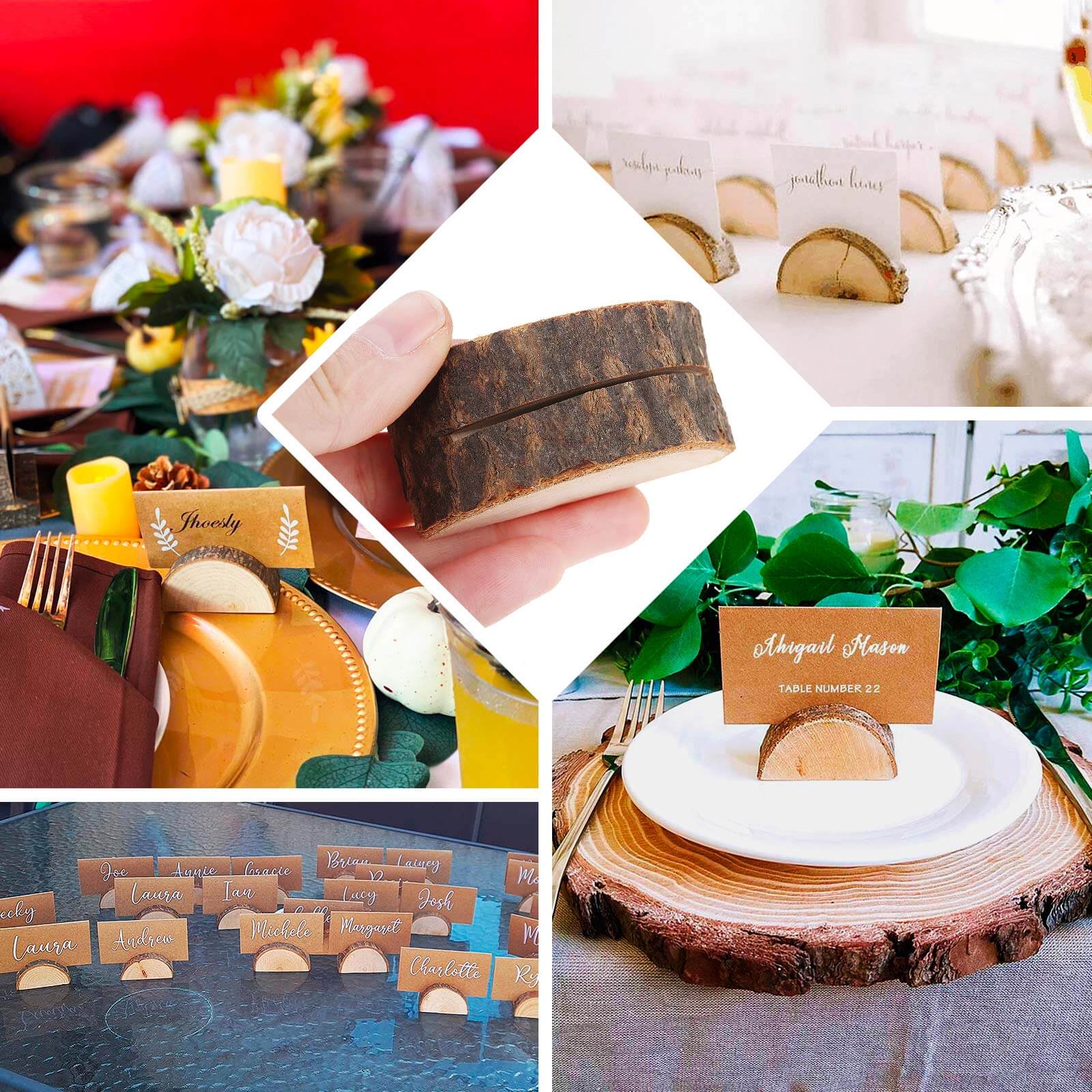 Set of 10 Wood Place Card Holders Rustic Semicircle Design Natural with Brown Paper - Wedding Table Number Display 2.5" - Bell Racket Store