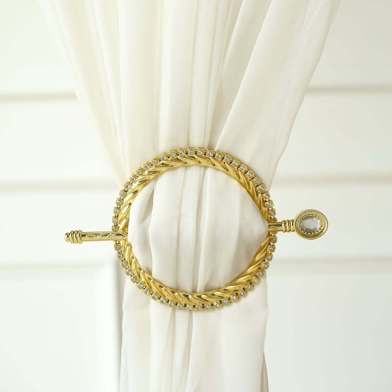 Set of 2 6" Gold Acrylic Braided Barrette Style Curtain Tie Backs With Crystal Diamond Studded Edge, Round Backdrop Drapery Brooch Holdbacks - Bell Racket Store