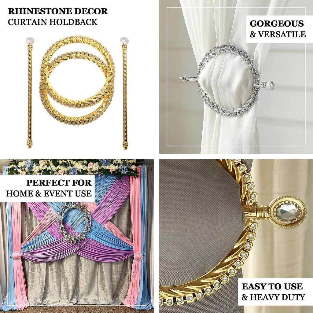 Set of 2 6" Gold Acrylic Braided Barrette Style Curtain Tie Backs With Crystal Diamond Studded Edge, Round Backdrop Drapery Brooch Holdbacks - Bell Racket Store
