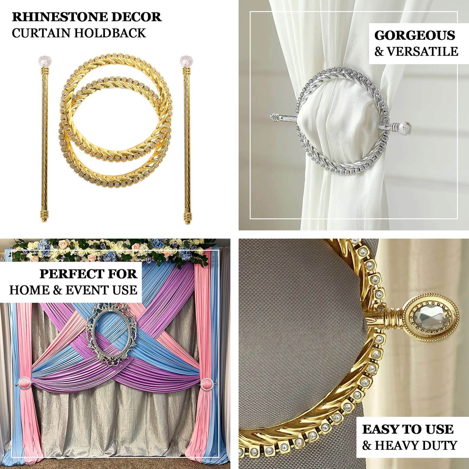 Set of 2 6" Gold Acrylic Braided Barrette Style Curtain Tie Backs With Crystal Diamond Studded Edge, Round Backdrop Drapery Brooch Holdbacks - Bell Racket Store