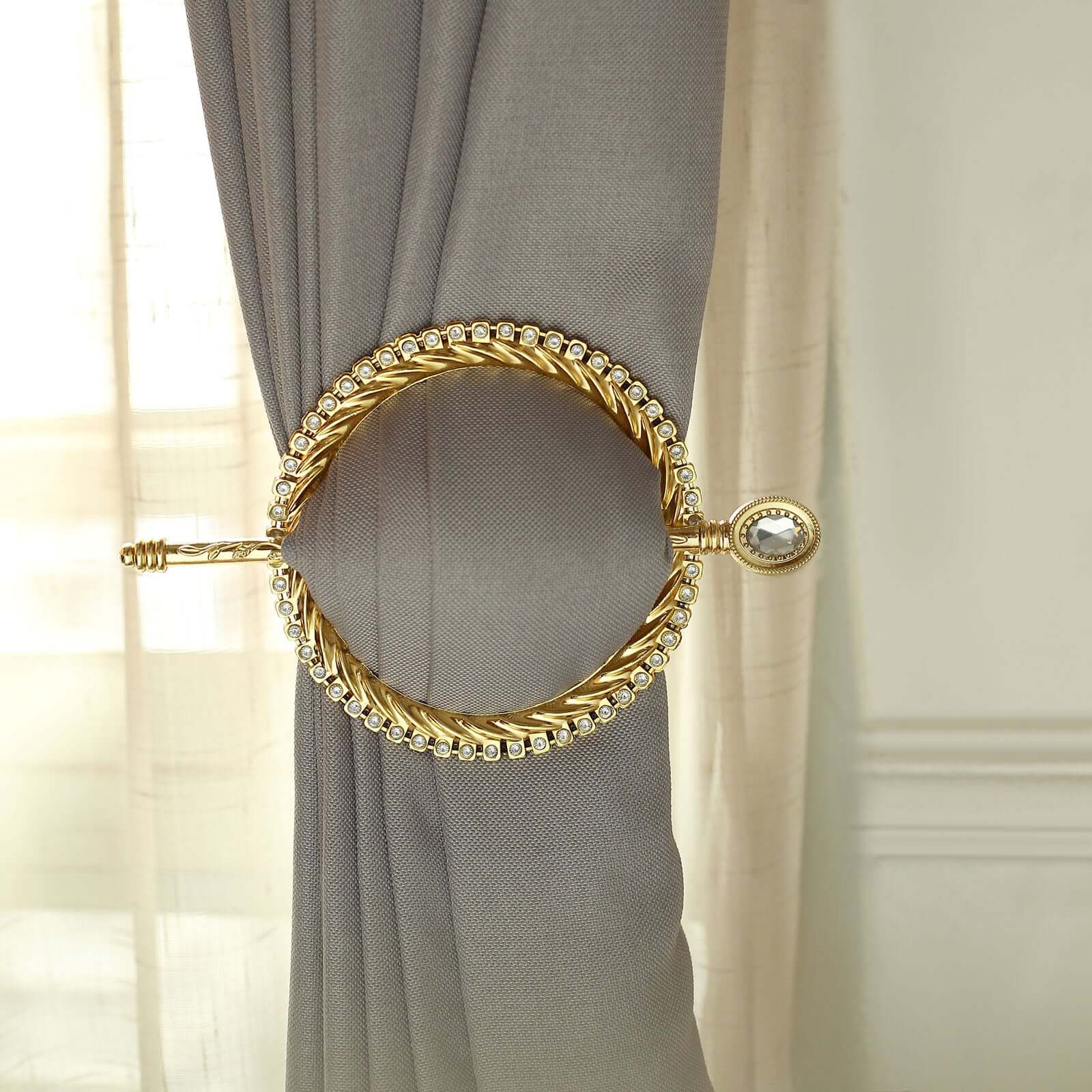 Set of 2 6" Gold Acrylic Braided Barrette Style Curtain Tie Backs With Crystal Diamond Studded Edge, Round Backdrop Drapery Brooch Holdbacks - Bell Racket Store