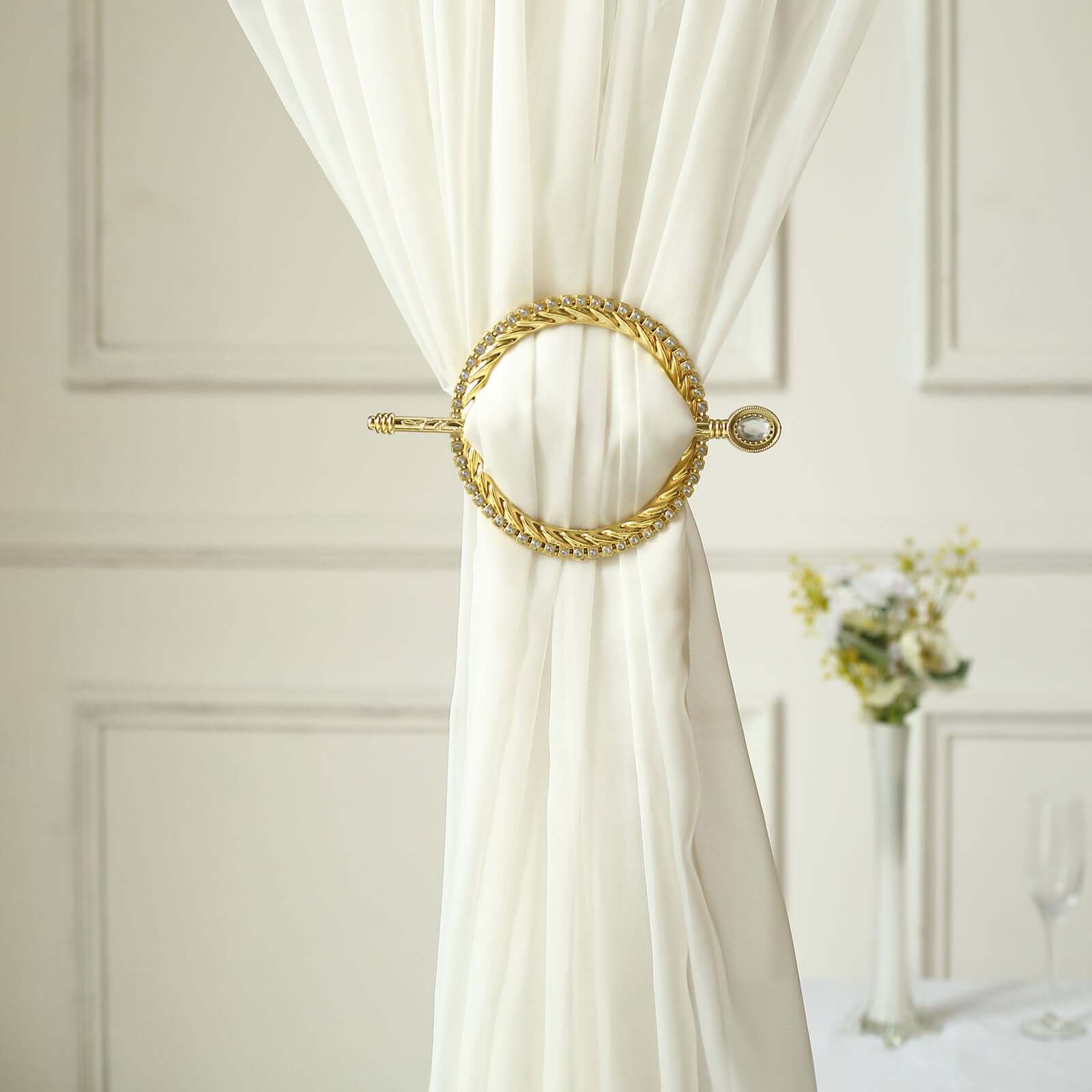 Set of 2 6" Gold Acrylic Braided Barrette Style Curtain Tie Backs With Crystal Diamond Studded Edge, Round Backdrop Drapery Brooch Holdbacks - Bell Racket Store