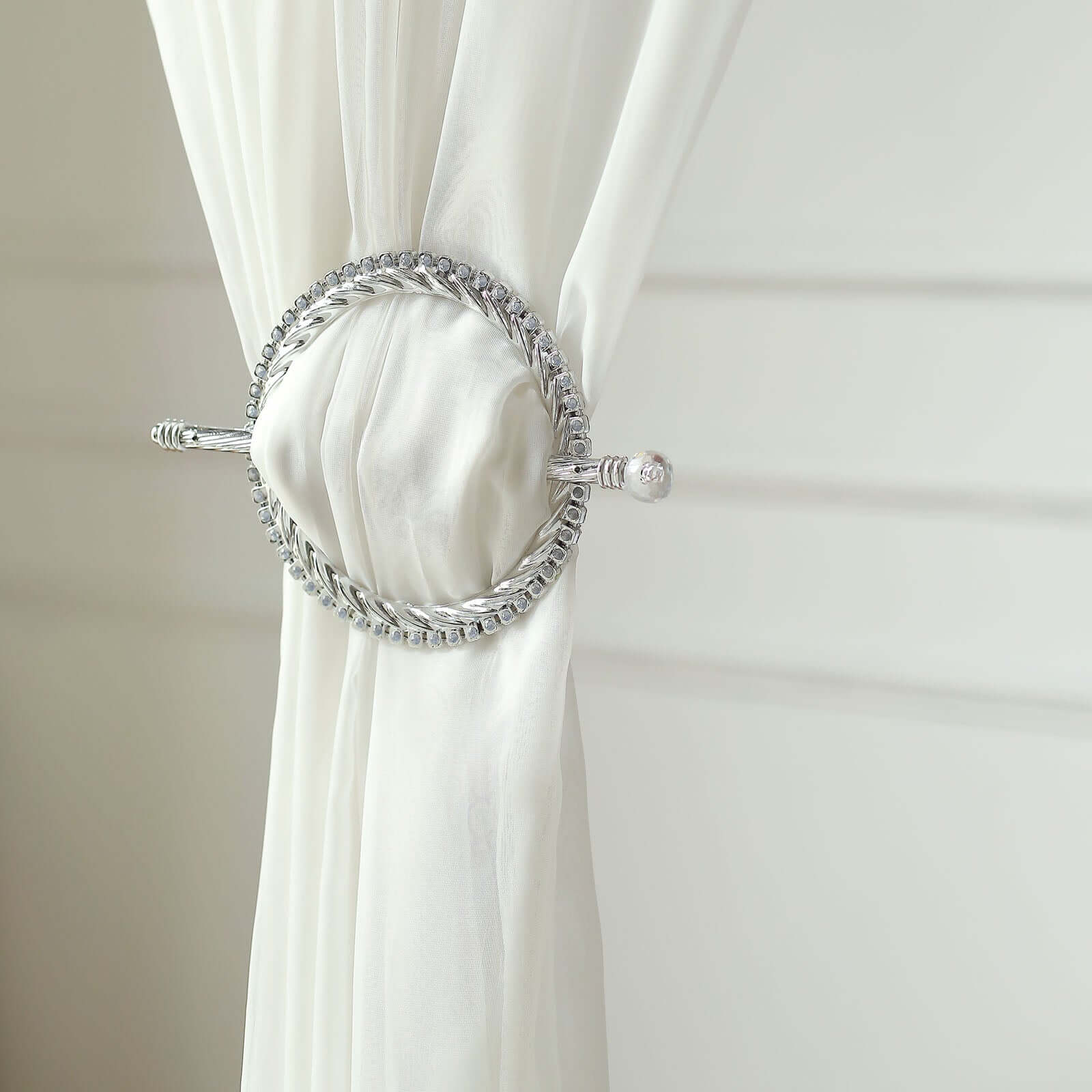 Set of 2 6" Silver Acrylic Braided Barrette Style Curtain Tie Backs With Crystal Diamond Studded Edge, Round Backdrop Drapery Brooch Holdbacks - Bell Racket Store