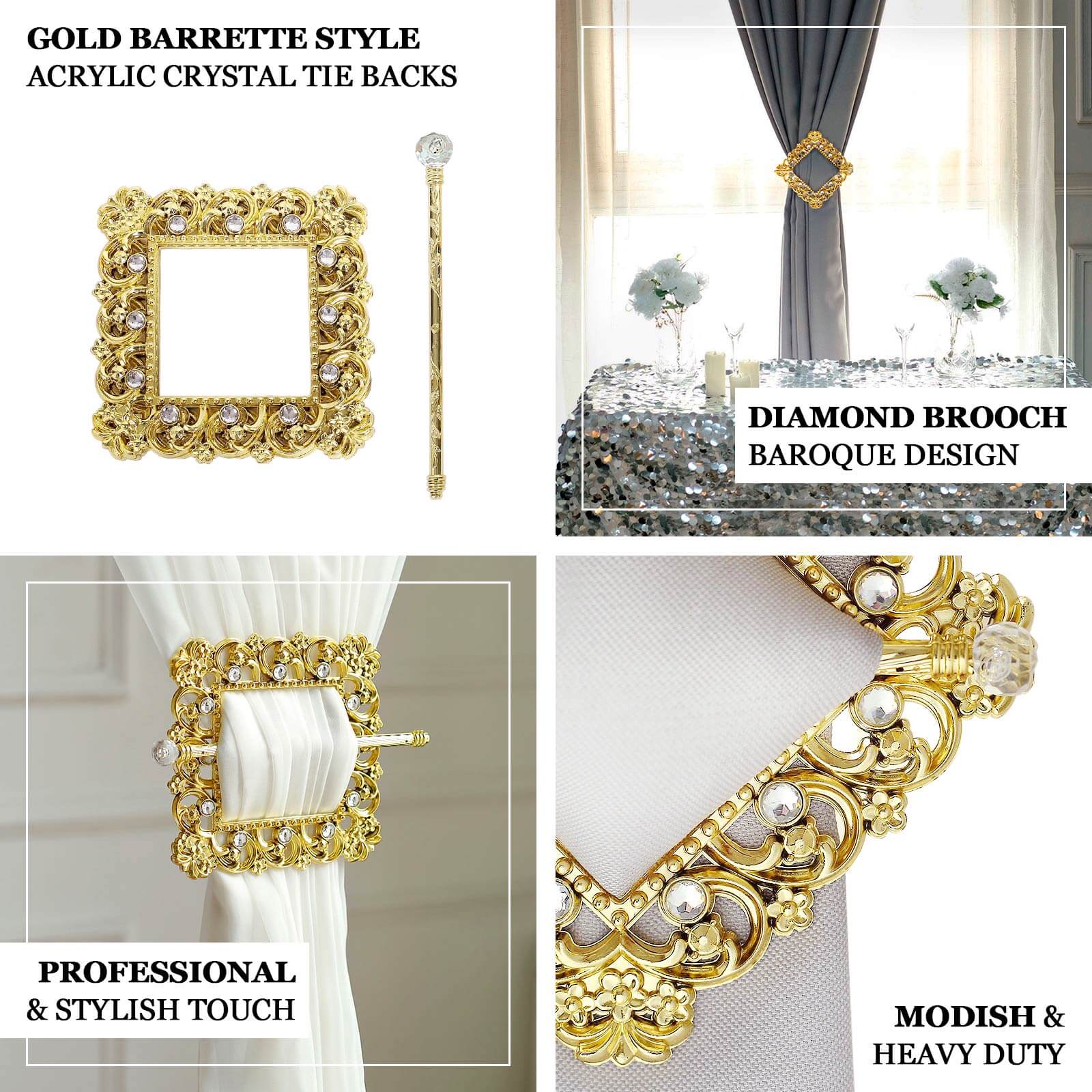 Set of 2 7" Gold Barrette Style Diamond Backdrop Drapery Holdbacks, Square Acrylic Crystal Curtain Brooch Tie Backs - Bell Racket Store