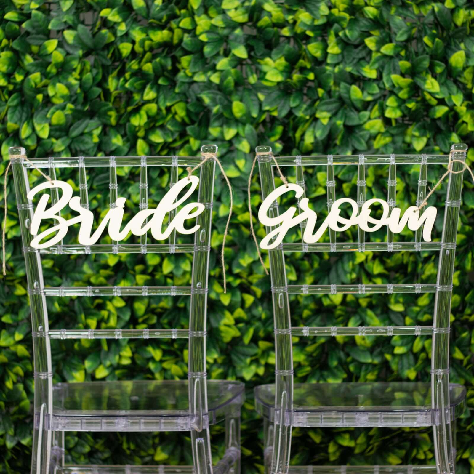 Set of 2 Bride and Groom Chair Signs Natural Wood - Charming Calligraphy Wall Hanging Wedding Decor & Props 12"x5" - Bell Racket Store