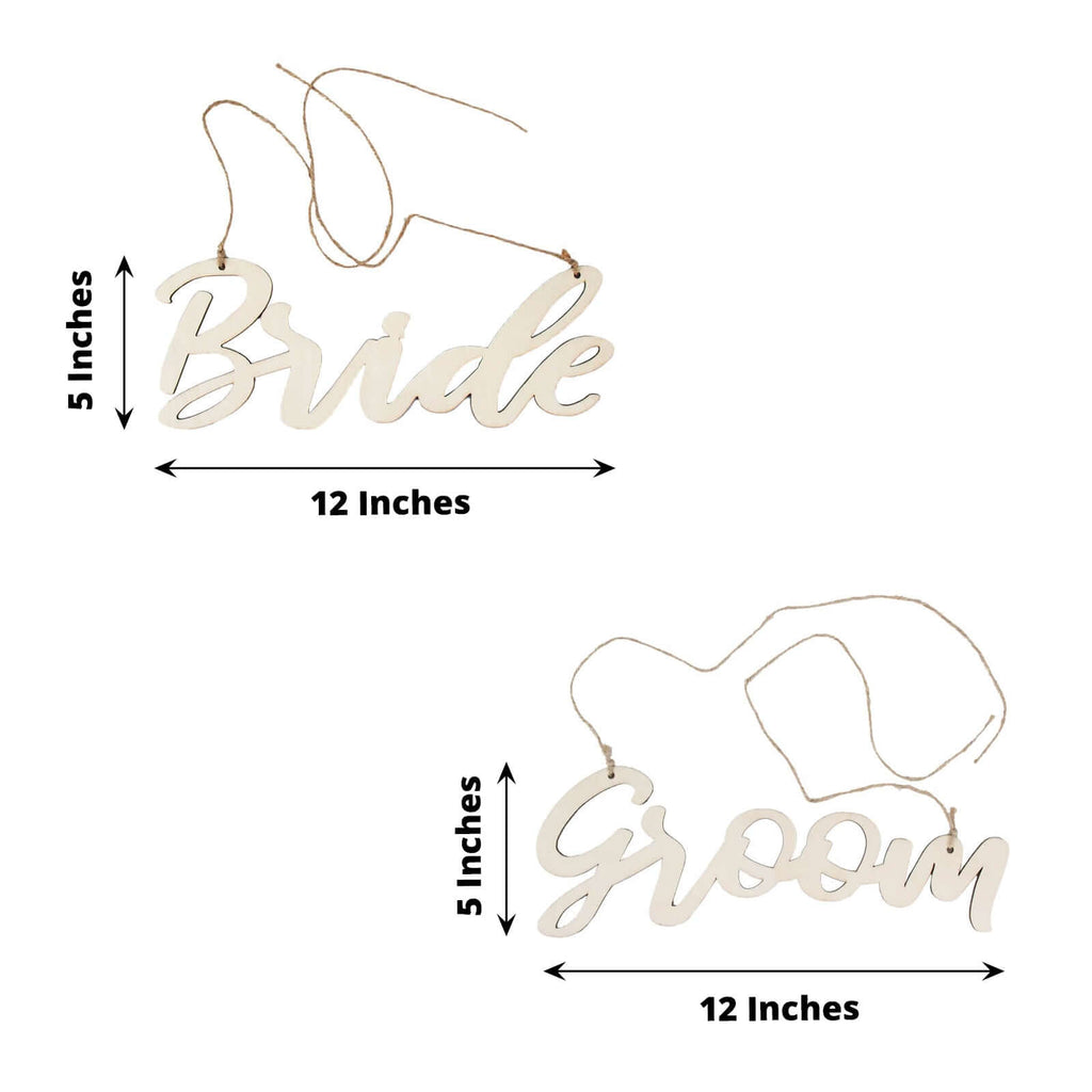 Set of 2 Bride and Groom Chair Signs Natural Wood - Charming Calligraphy Wall Hanging Wedding Decor & Props 12"x5" - Bell Racket Store