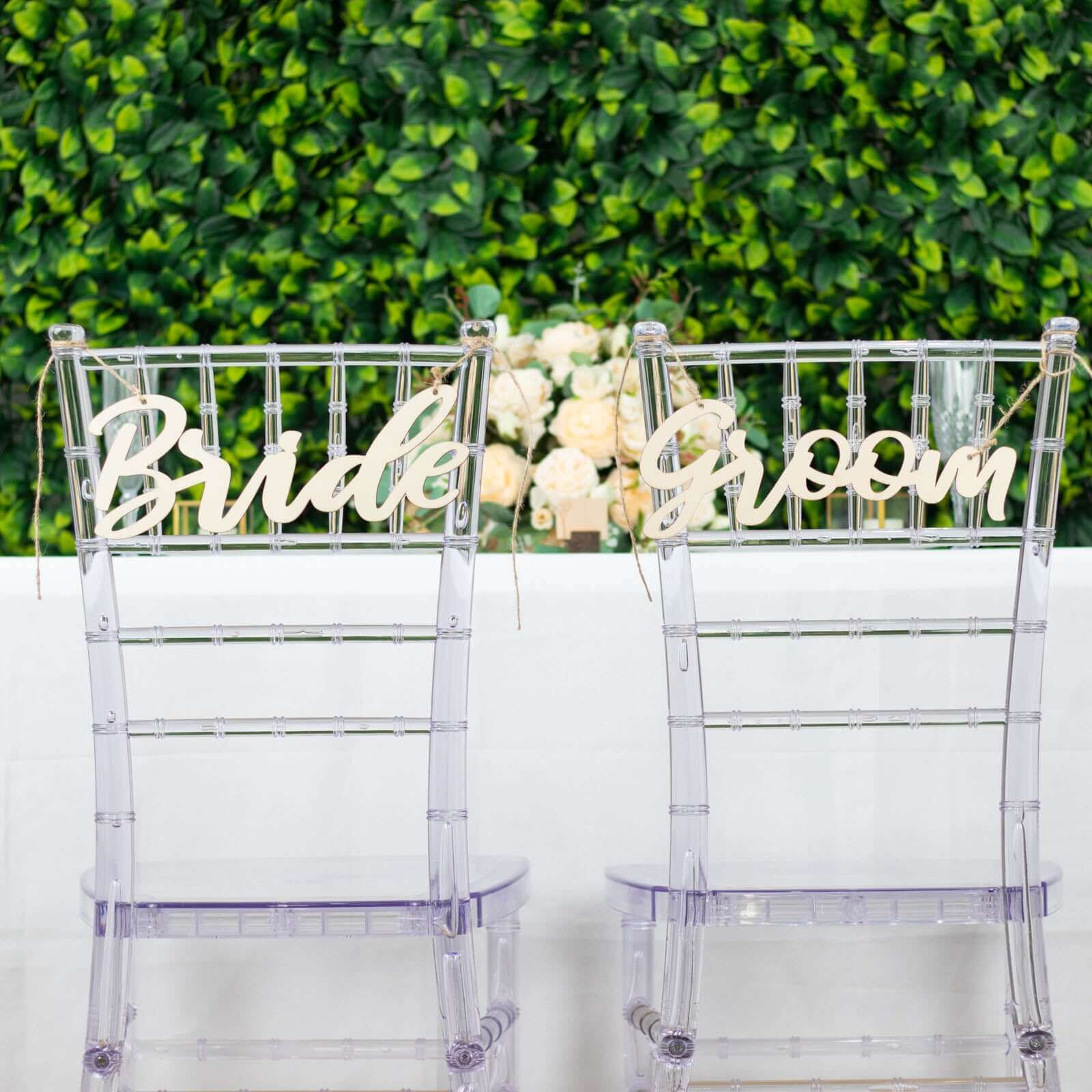 Set of 2 Bride and Groom Chair Signs Natural Wood - Charming Calligraphy Wall Hanging Wedding Decor & Props 12"x5" - Bell Racket Store