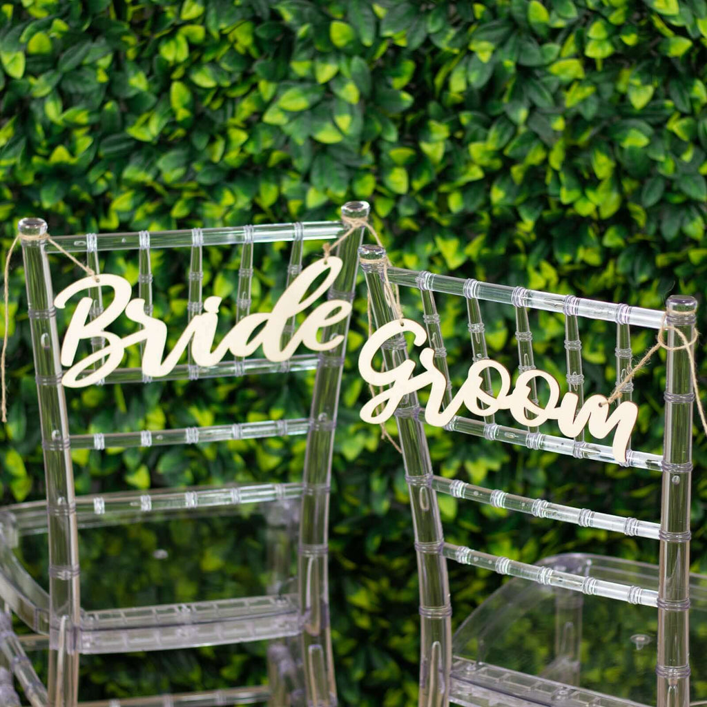 Set of 2 Bride and Groom Chair Signs Natural Wood - Charming Calligraphy Wall Hanging Wedding Decor & Props 12"x5" - Bell Racket Store