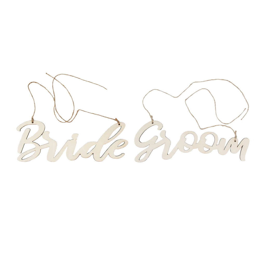Set of 2 Bride and Groom Chair Signs Natural Wood - Charming Calligraphy Wall Hanging Wedding Decor & Props 12"x5" - Bell Racket Store