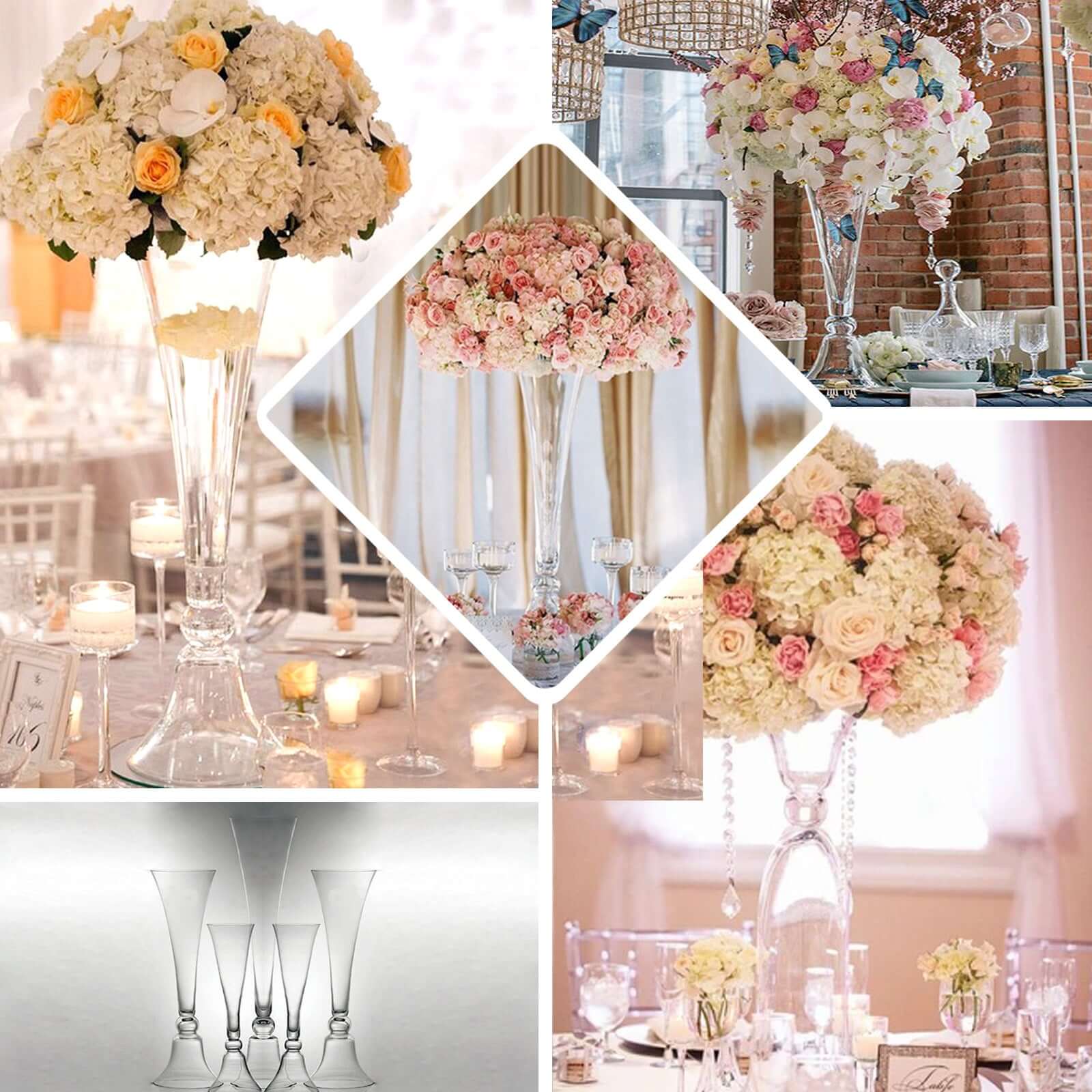 Set of 2 Glass Trumpet Vases Reversible Clarinet Style Clear - Decorative Flower Centerpieces for Events 30" - Bell Racket Store