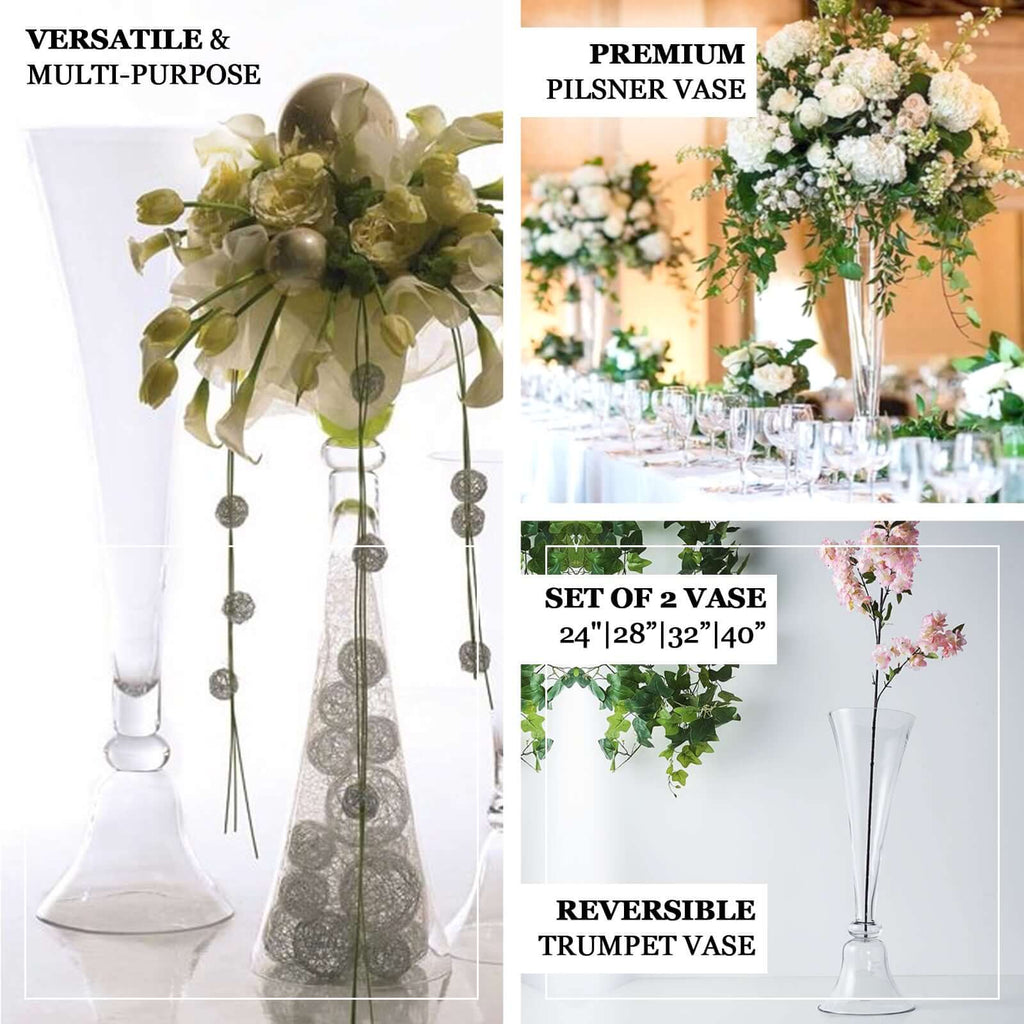 Set of 2 Glass Trumpet Vases Reversible Clarinet Style Clear - Decorative Flower Centerpieces for Events 30" - Bell Racket Store