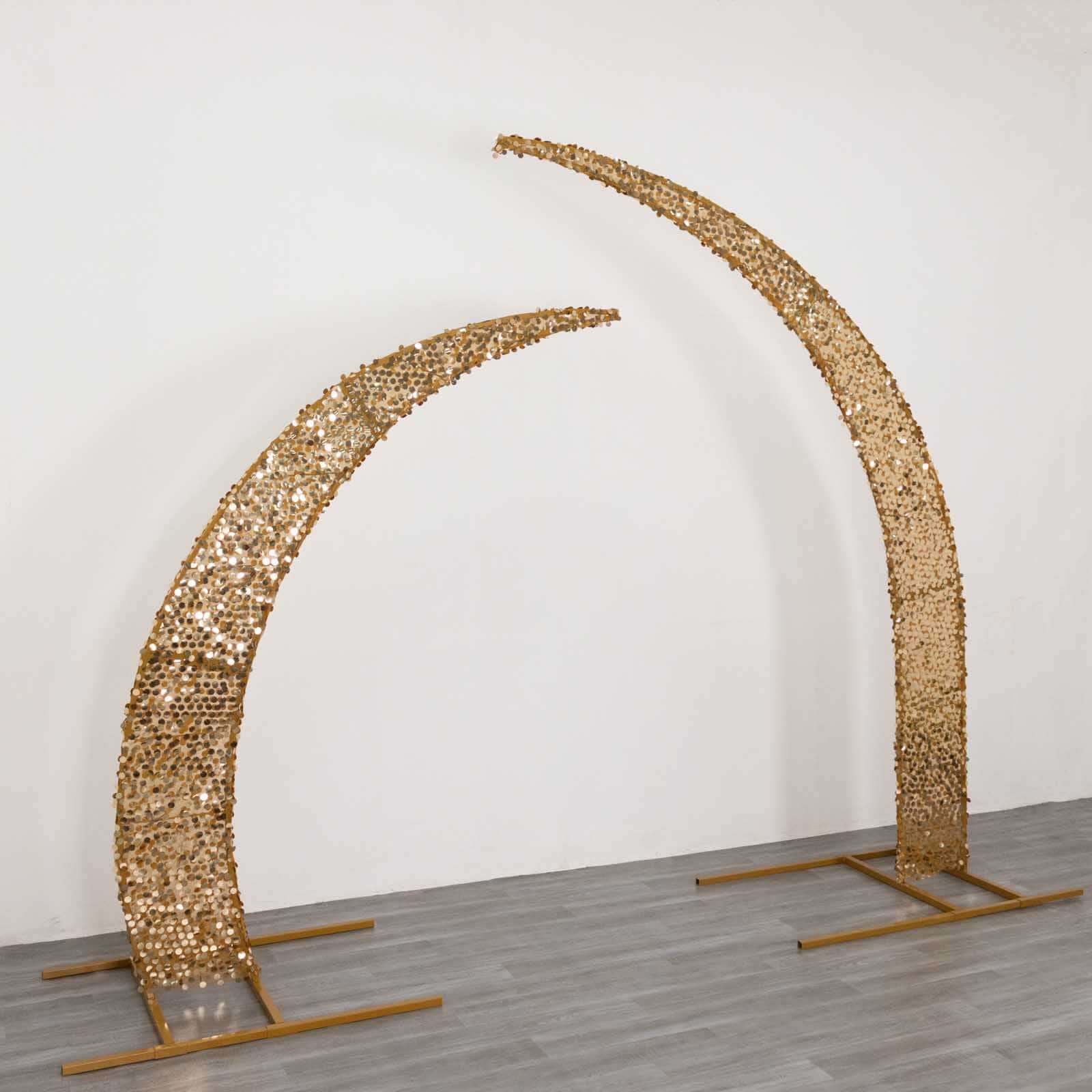Set of 2 Gold Big Payette Sequin Backdrop Stand Cover for Half Crescent Moon Wedding Arch, Sparkly Double Sided - 6.5ft, 8ft - Bell Racket Store