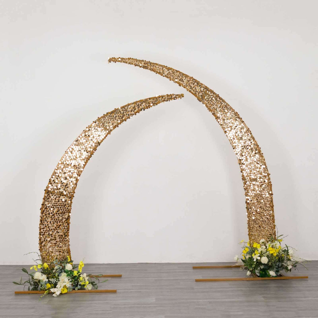 Set of 2 Gold Big Payette Sequin Backdrop Stand Cover for Half Crescent Moon Wedding Arch, Sparkly Double Sided - 6.5ft, 8ft - Bell Racket Store