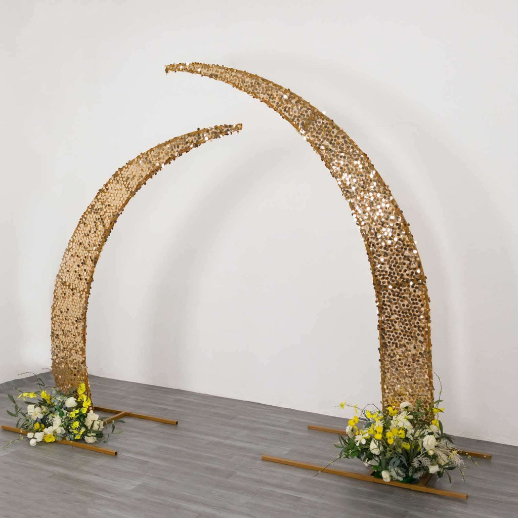 Set of 2 Gold Big Payette Sequin Backdrop Stand Cover for Half Crescent Moon Wedding Arch, Sparkly Double Sided - 6.5ft, 8ft - Bell Racket Store
