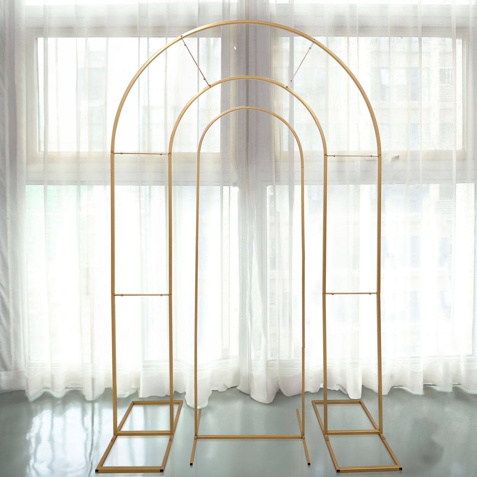 Set of 2 Gold Metal Round Top Chiara Backdrop Stand Wedding Arches, Double Arch Floral Balloon Frame Ceremony Arbors - 6ft,8ft - Bell Racket Store