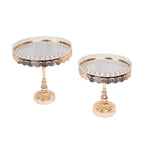 Set of 2 Pedestal Cake Stands Round Design with Mirror Top Gold - Crystal Beaded Cupcake Dessert Display Metal 11", 13" - Bell Racket Store