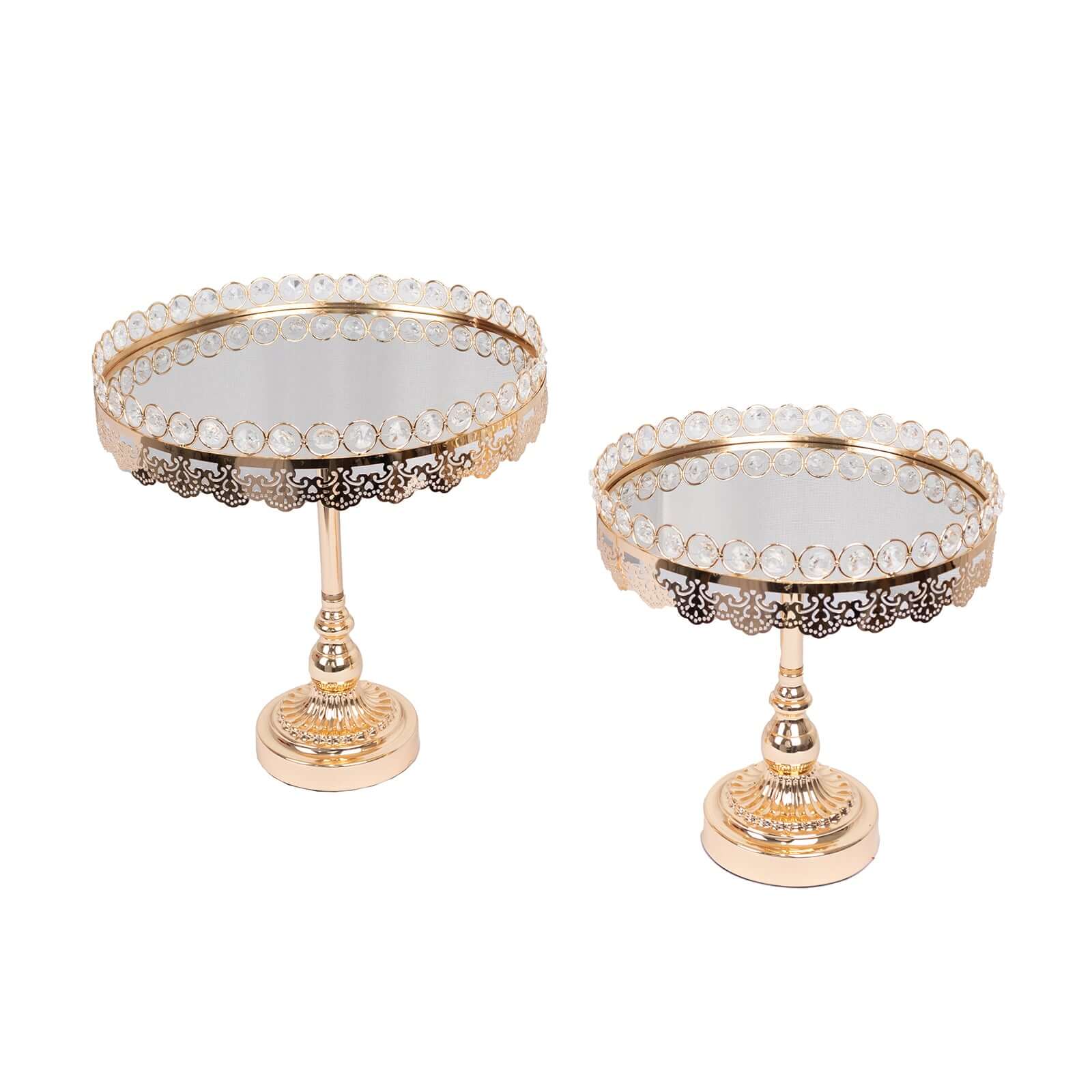 Set of 2 Pedestal Cake Stands Round Design with Mirror Top Gold - Crystal Beaded Cupcake Dessert Display Metal 11", 13" - Bell Racket Store