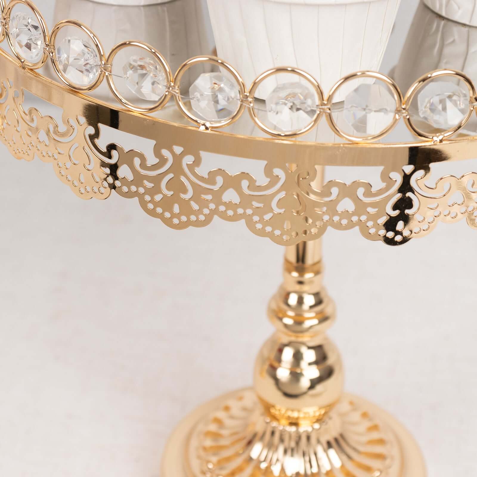 Set of 2 Pedestal Cake Stands Round Design with Mirror Top Gold - Crystal Beaded Cupcake Dessert Display Metal 11", 13" - Bell Racket Store