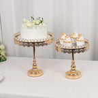 Set of 2 Pedestal Cake Stands Round Design with Mirror Top Gold - Crystal Beaded Cupcake Dessert Display Metal 11", 13" - Bell Racket Store