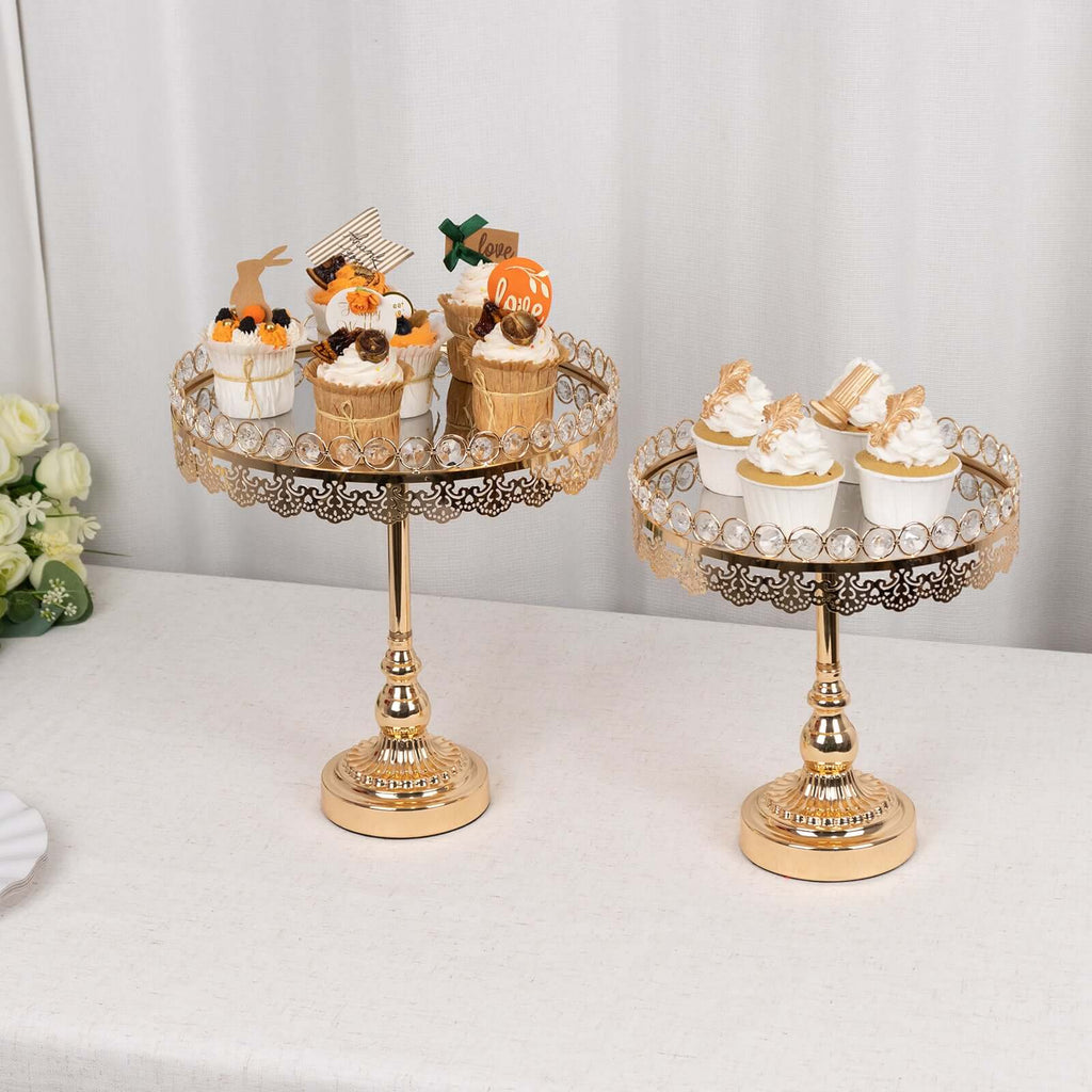Set of 2 Pedestal Cake Stands Round Design with Mirror Top Gold - Crystal Beaded Cupcake Dessert Display Metal 11", 13" - Bell Racket Store