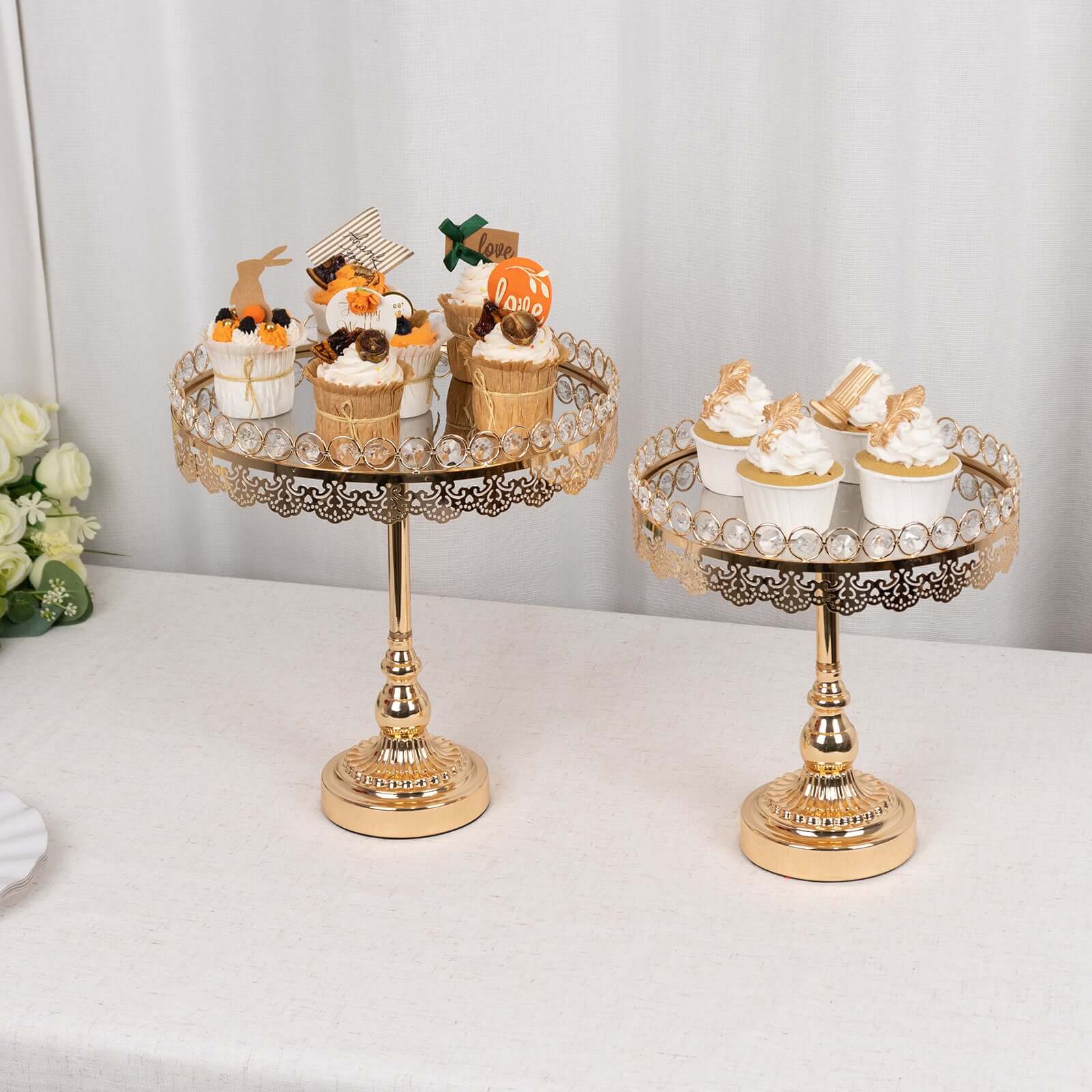 Set of 2 Pedestal Cake Stands Round Design with Mirror Top Gold - Crystal Beaded Cupcake Dessert Display Metal 11", 13" - Bell Racket Store