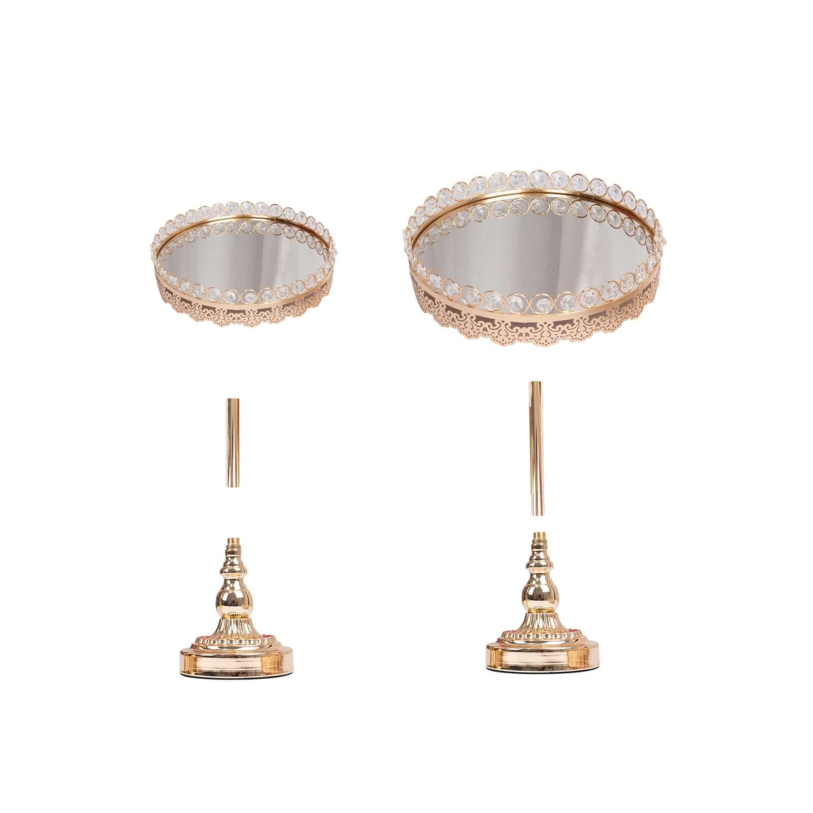 Set of 2 Pedestal Cake Stands Round Design with Mirror Top Gold - Crystal Beaded Cupcake Dessert Display Metal 11", 13" - Bell Racket Store