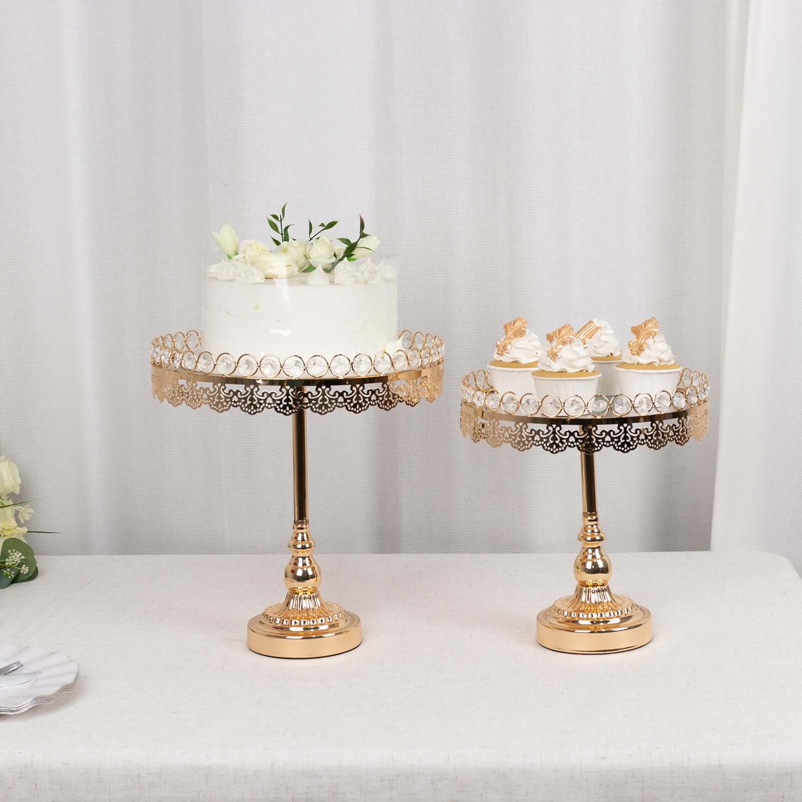 Set of 2 Pedestal Cake Stands Round Design with Mirror Top Gold - Crystal Beaded Cupcake Dessert Display Metal 11", 13" - Bell Racket Store
